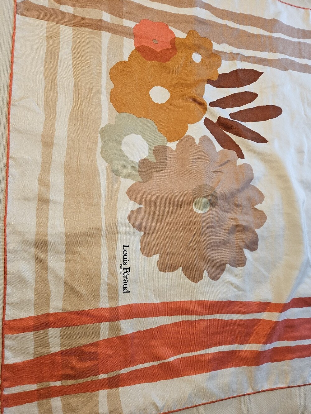 Louis Féraud Floral Silk Scarf in Cream and Brown Tones-Made in France - Picture 2 of 11